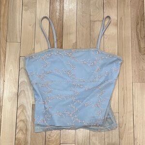Embroidered Light Blue pink floral design crop tank camisole